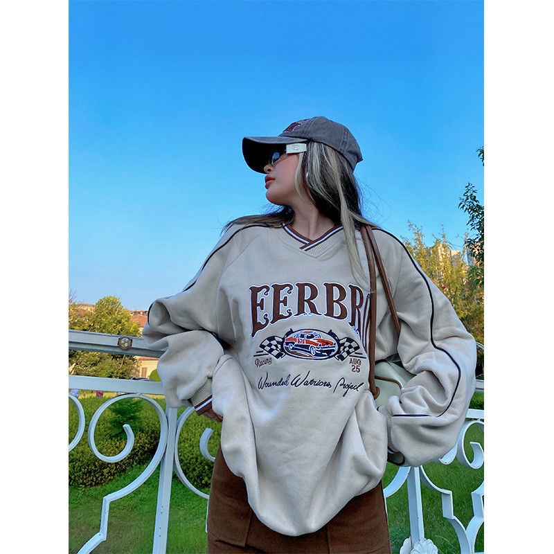 Áo sweater Tay Dài Cổ Chữ V In Họa Tiết retro Phong Cách Đường Phố Hàn Quốc Hàng Mới