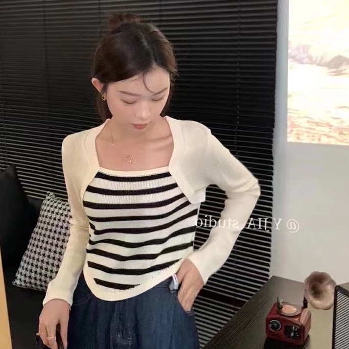 Áo Len Nữ Dài Tay Sọc Ngang Thời Trang Hàn Quốc