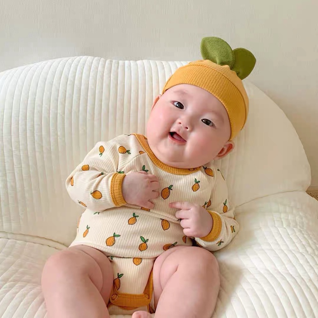 Set Áo liền quần cotton in hình trái chanh tay dài + mũ thời trang mùa thu dành cho bé trai bé sơ sinh