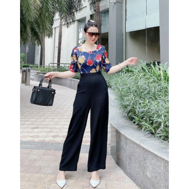 Thiết kế - Jumpsuit dài ống suông tay ngắn, bộ jum đồ bay dài cổ vuông sành điệu