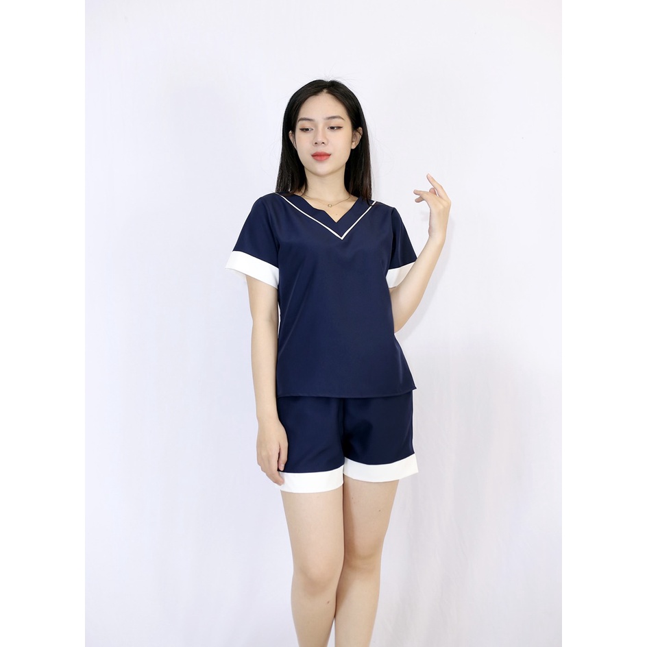 Bộ đồ bộ màu XANH ĐEN CỔ TIM tay ngắn quần ngắn vải lụa pháp  - Thoải Mái Nhẹ Nhàng