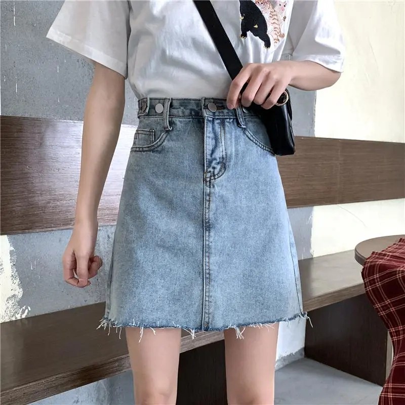 Chân váy denim lưng cao dáng chữ A thời trang mùa hè 2021