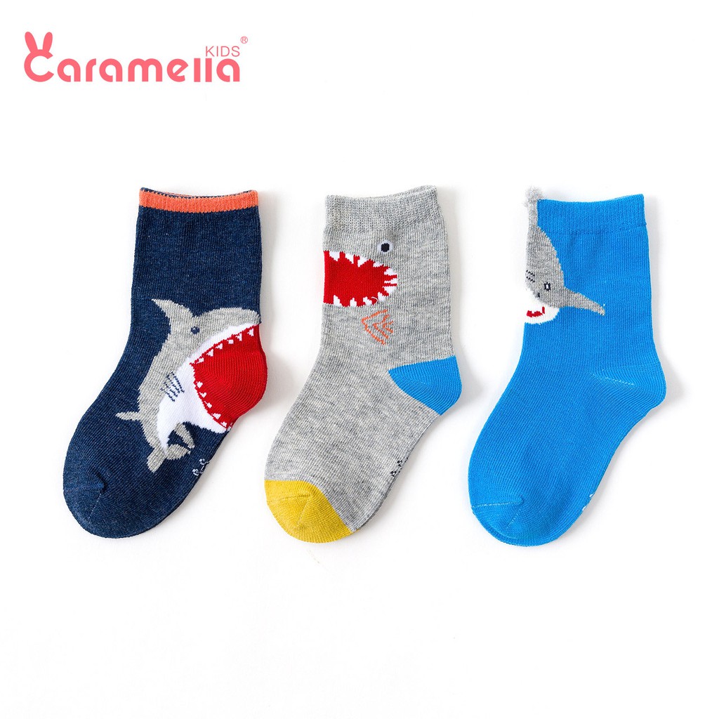 Tất trẻ em Caramella dành cho bé trai cotton, set 3 đôi vớ trẻ em thêu hoạt hình cá mập năng động kèm túi đựng