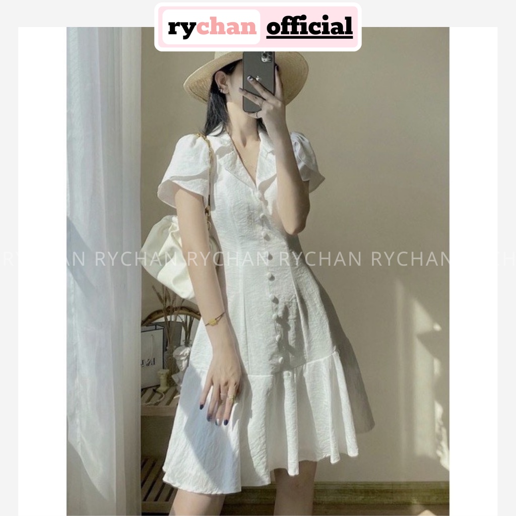 Đầm Trắng Đi Du Lịch Dáng Xoè Đuôi Cá Cổ Vest Nút Bọc , Đầm Đi Đám Cưới Tay Ngắn Màu Trắng - DX9991