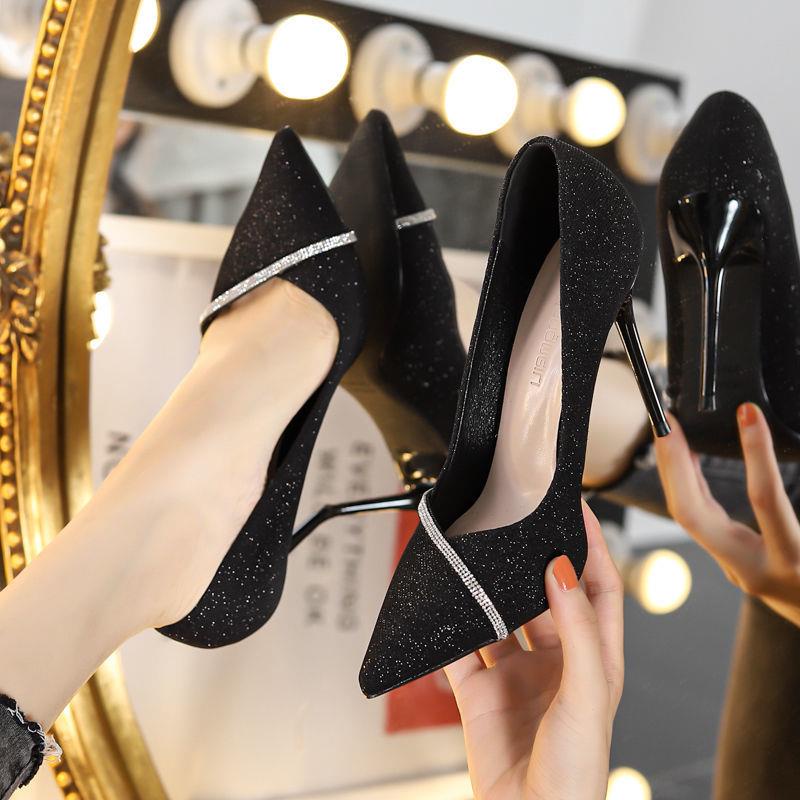 Giày cao gót mũi nhọn đính đá thời trang mùa xuân phong cách Pháp 2021 sang trọng cho nữ
