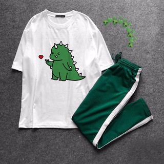 UNISEX - SET ÁO THUN CHÚ KHỦNG LONG XANH DỄ THƯƠNG + QUẦN LINE OR QUẦN CARO - SET ULZZANG