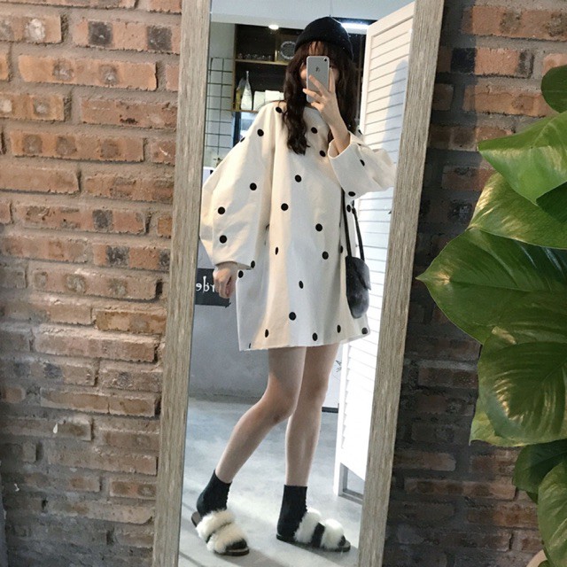 [SẴN TRẮNG CHẤM BI ĐEN] Áo dáng oversize tay phồng Ulzzang