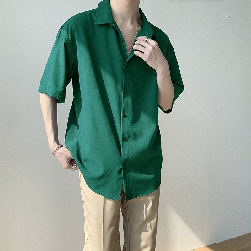 Áo sơ mi nam nữ đều mặc được kiểu tay lỡ form rộng Unisex in hình mẫu trơn 3 màu đen trắng xanh siêu hot