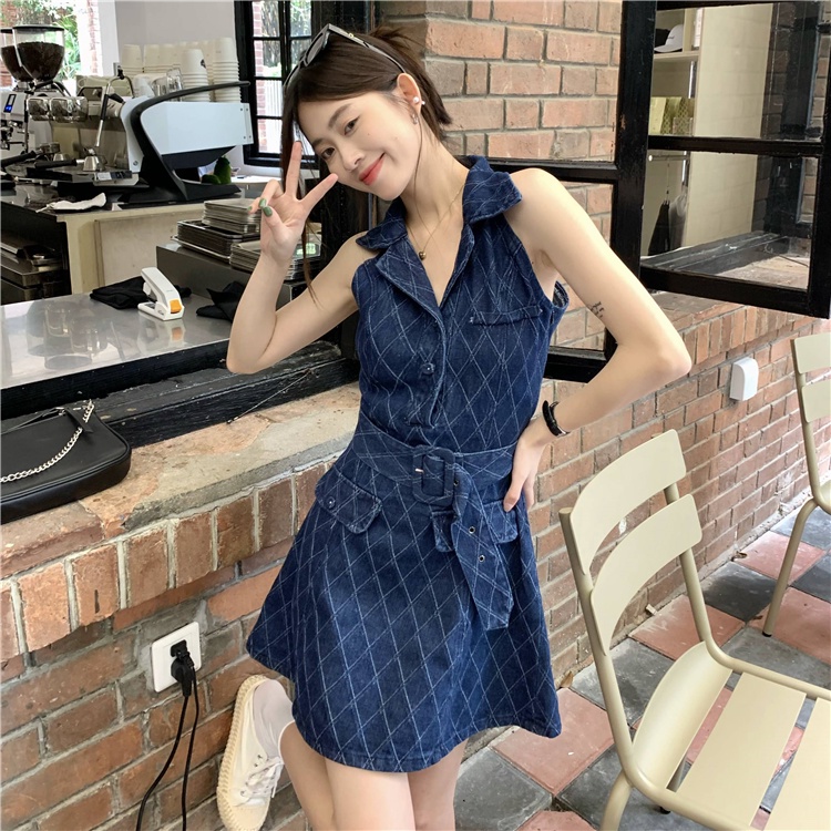 Đầm Denim Sát Nách Cổ Bẻ Nhấn Eo Thời Trang Mùa Hè Phong Cách Hàn Quốc Mới