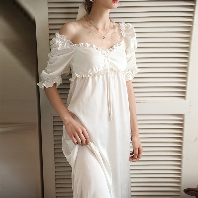 Váy vintage tiểu thư dáng dài, Đầm trắng tiểu thư, chất lụa