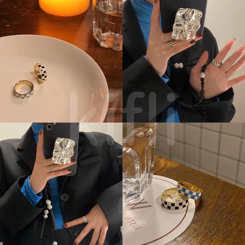 Bông tai đinh tán chốt bạc họa tiết trái tim kẻ ca rô tráng men màu sắc tương phản