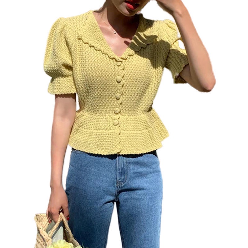 Áo Dệt Kim Tay Ngắn Phồng Phong Cách Hàn Quốc Thời Trang Cho Nữ