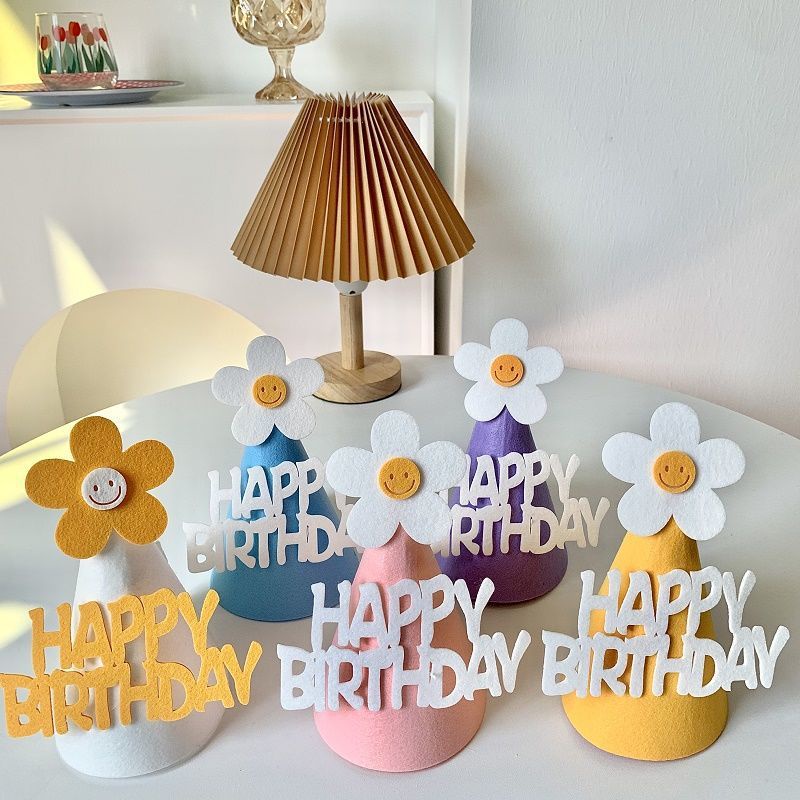 Mũ sinh nhật vải dạ hoa cúc 3D, mũ Happy Birthday phong cách Hàn Quốc - Kemshop K316