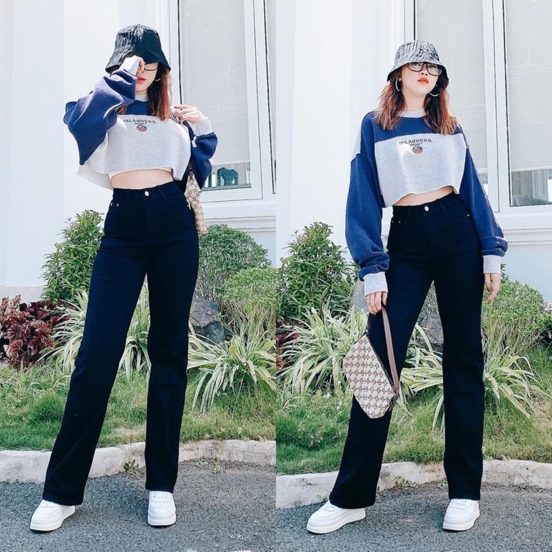 quần jeans ống đứng style ulzzang lưng ( cạp ) siêu cao, co giãn tốt