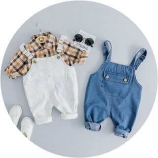 Set yếm jean + sơ mi caro cho bé trai