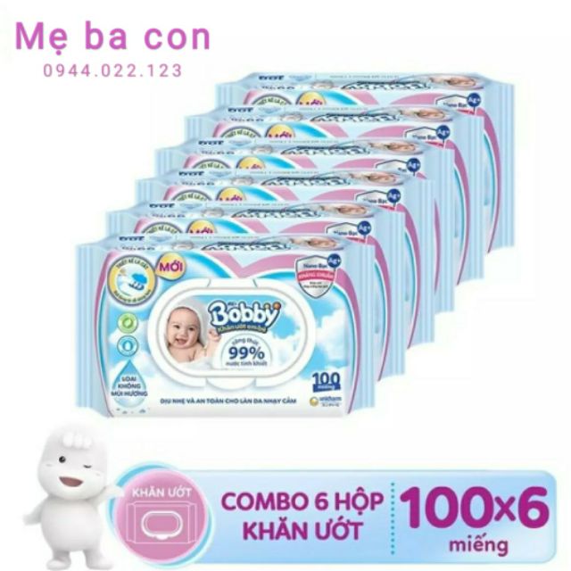 Combo 6 gói khăn ướt Bobby 100 tờ không mùi và có mùi mới