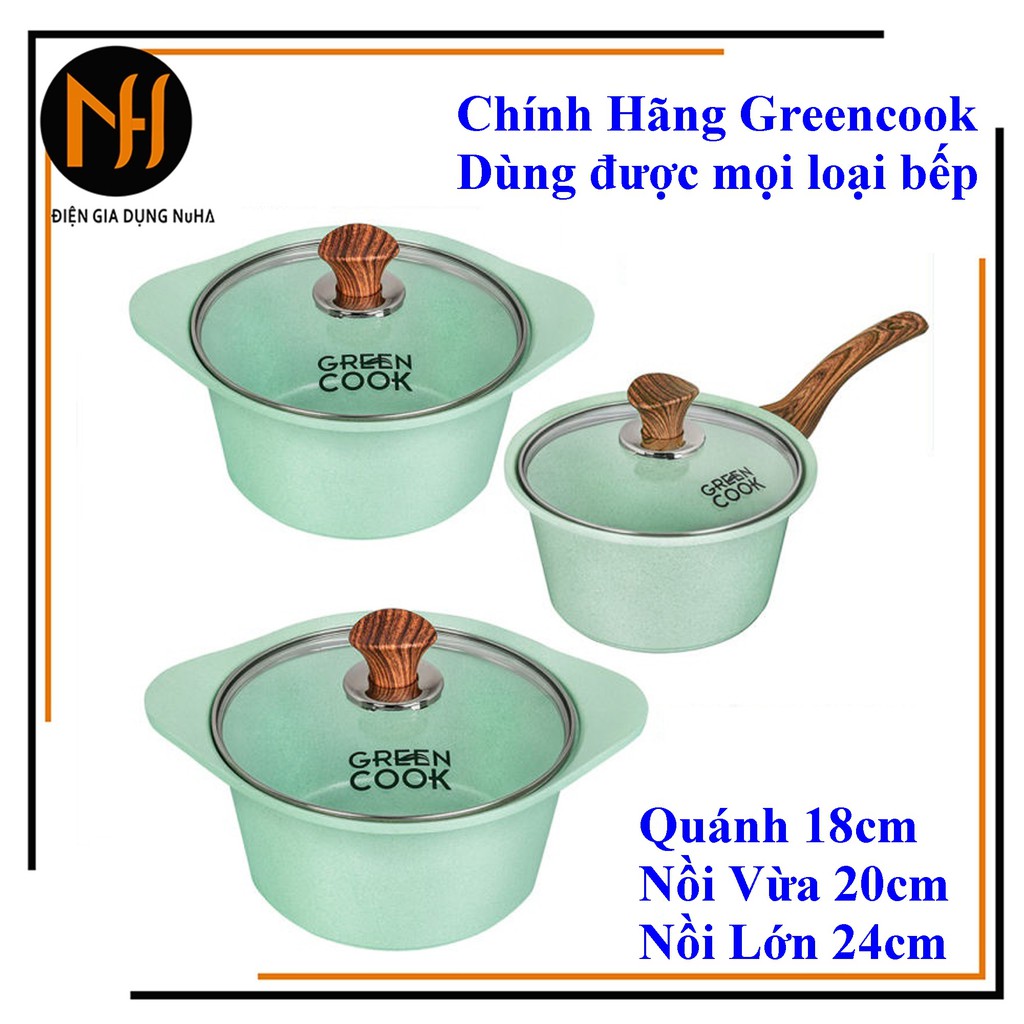 [CÓ VIDEO]Nồi đúc đáy từ chống dính men đá xanh ngọc GreenCook GCS05 size 18-20-24 cm công nghệ Hàn Quốc