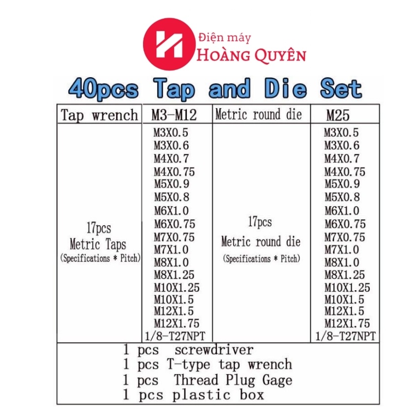 Bộ taro ren 40 chi tiết,bộ taro tạo ren hợp kim siêu cứng,nhỏ gọn tạo ren nhanh chóng HQ shop