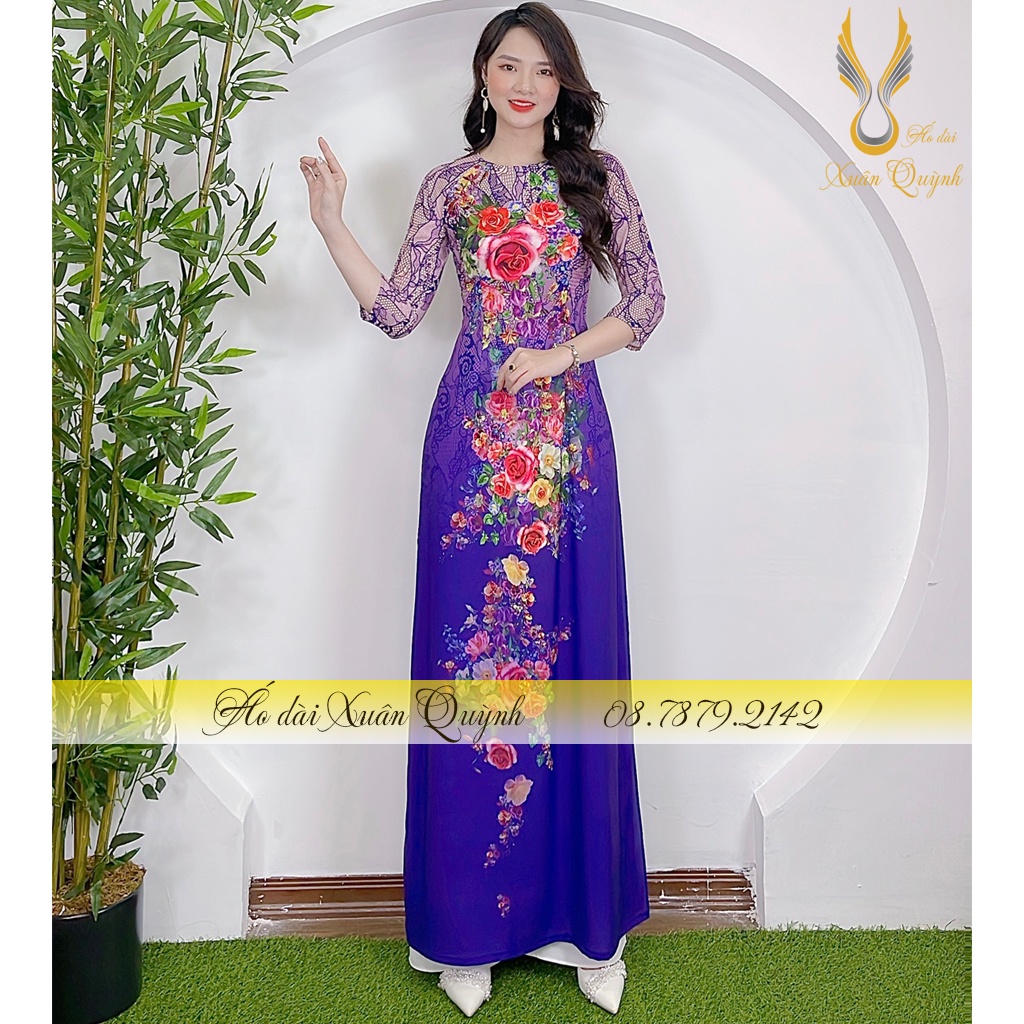 Áo Dài Truyền Thống Hoa Hồng, Thanh Lịch Duyên Dáng Lụa Habutai K05 Tím - Áo Dài Xuân Quỳnh