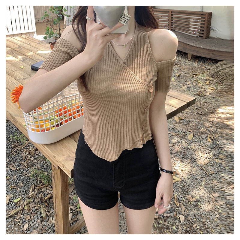 SUXI Áo Croptop Dệt Kim Tay Ngắn Cổ Chữ V Thiết Kế Trễ Vai Thời Trang Mùa Hè Mới Cho Nữ