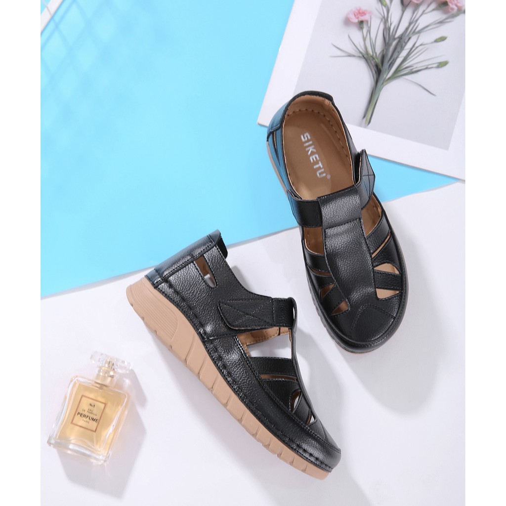 Giày lười Siketu da mềm, siêu nhẹ, quai dán, đế cao 4cm