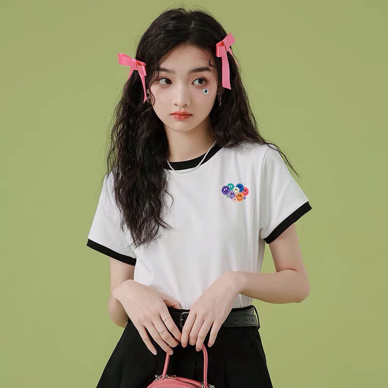 Áo thun nữ tay ngắn in mặt cười ALALA viền đen xanh cổ tay dáng ôm ngắn chất cotton chính hãng