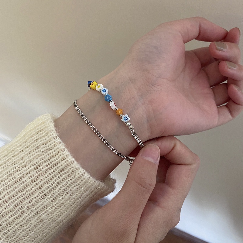 Vòng Đeo Tay Hai Lớp Mặt Kính Hình Hoa Nhỏ Đơn Giản Cá Tính