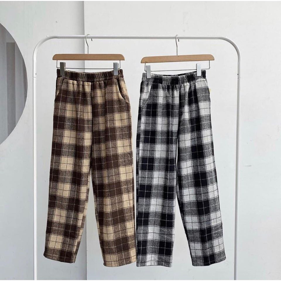 Quần Kẻ Caro Nâu Đen Ô To Plaid Pants Dáng Suông Unisex _ quần cuttlotes kẻ caro ống rộng