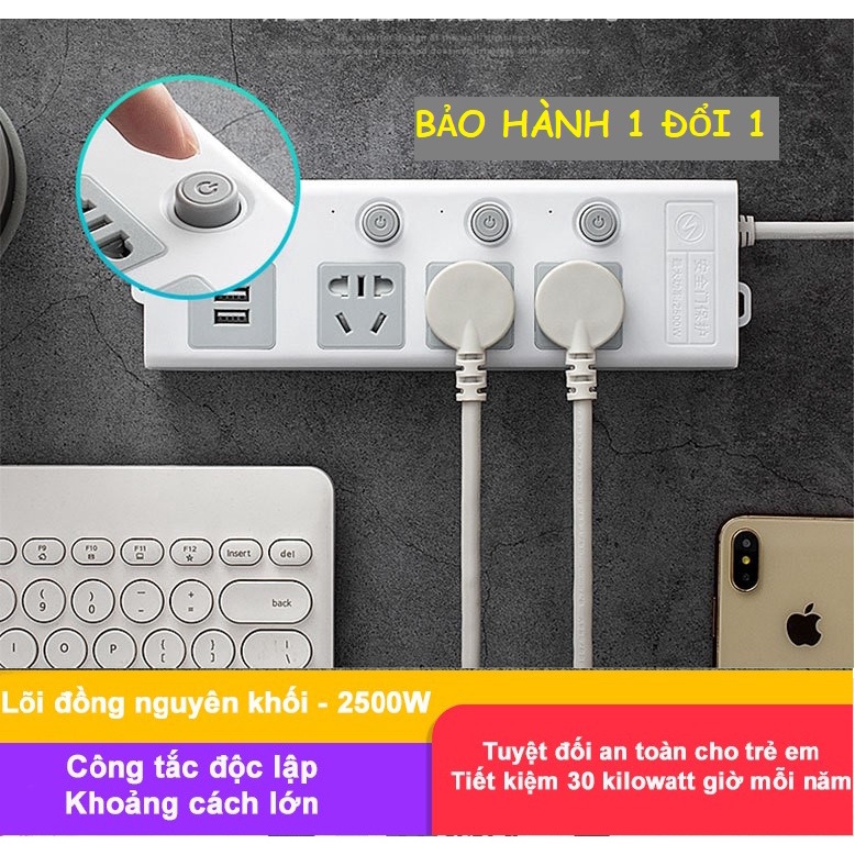 Ổ cắm điện với phích 2 chấu(Hàng loại 1), ổ điện đa năng thông minh 2 cổng USB 5v sạc nhanh, chịu tải 2500W.