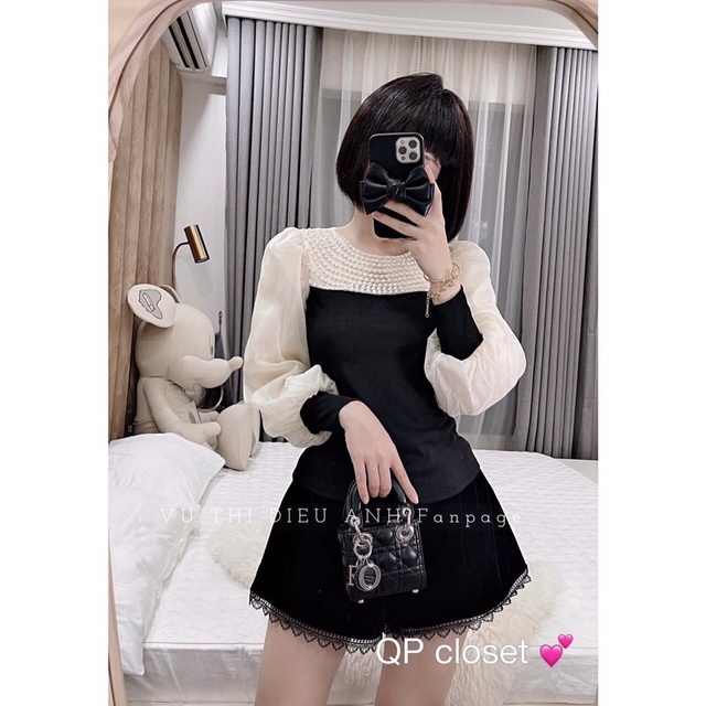 Áo len tăm cổ Ngọc phối voan tay cao cấp