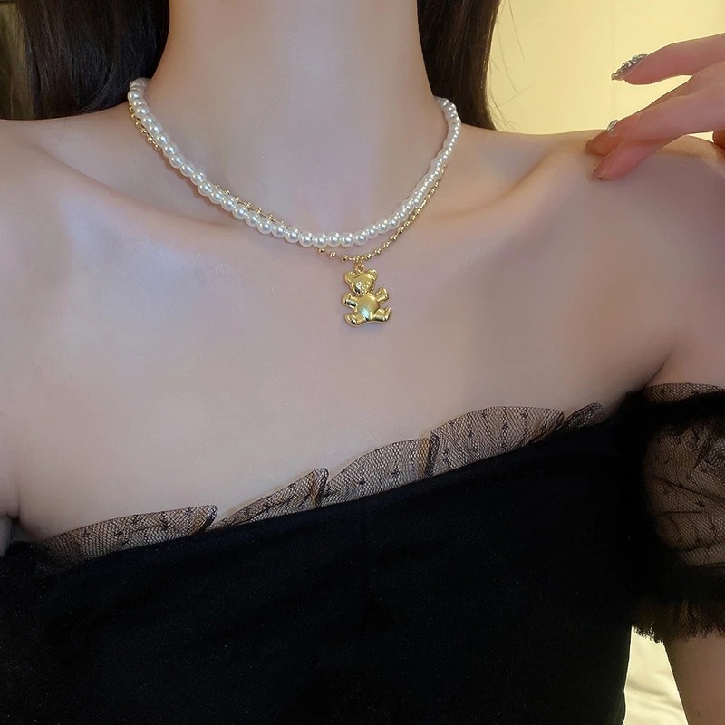 Dây Chuyền Hai Lớp Mặt Hình Gấu Đính Ngọc Trai Thanh Lịch Thời Trang Cho Nữ