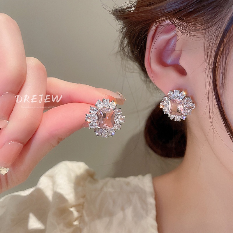 DREJEW Khuyên tai mạ bạc hình hoa đính đá zircon sang trọng thời trang cao cấp