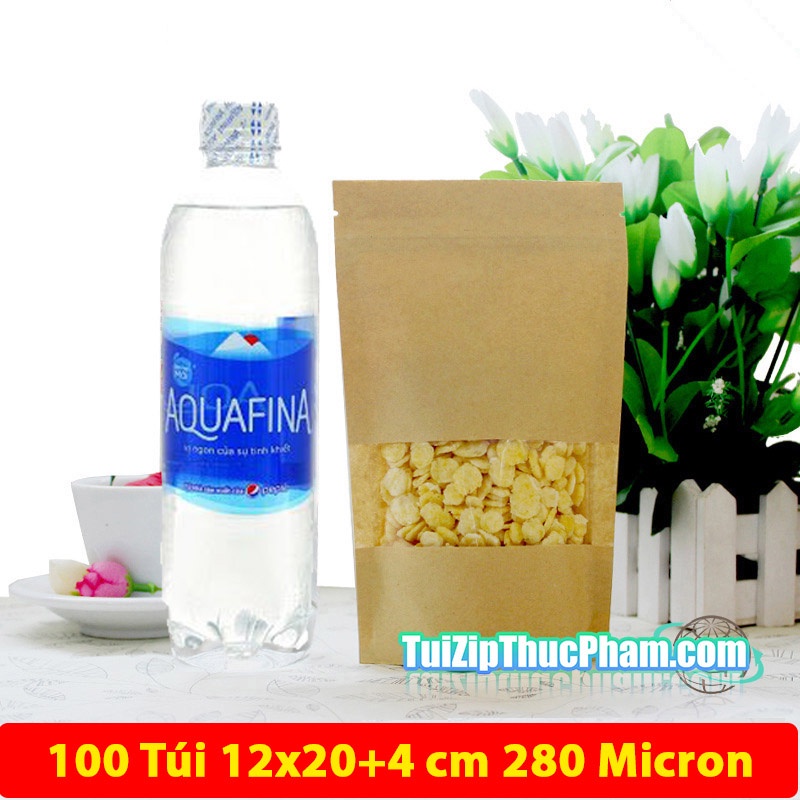 100 cái túi zip giấy kraft cửa sổ tràn viền 12x20+4cm zipper phủ PET CPP chống nước chuyên đựng thực phẩm nhận in logo