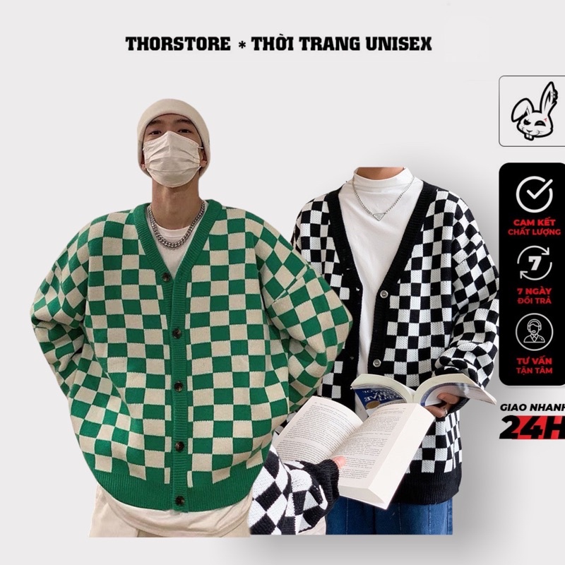 Áo khoác cardigan len,hoạ tiết caro form rộng