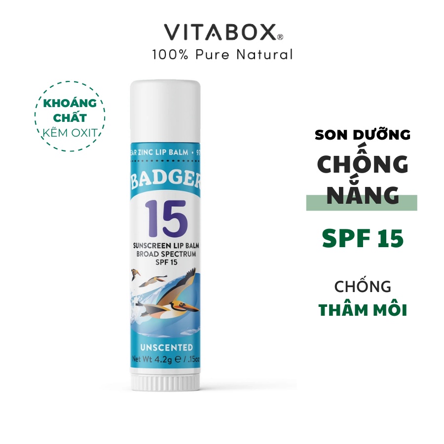 Son dưỡng hữu cơ BADGER chống nắng SPF 15 - dưỡng ẩm lâu, không thâm môi - Sunscreen Lip Balm - 4.2gr