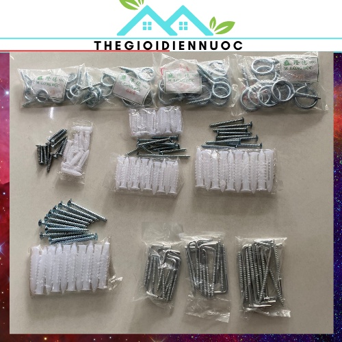 Tắc kê nhựa + vít 3F, 4F, 5F, 6F, 7F, móc chữ L 6F, 8F, 1T, móc treo đồ, móc màng , vít khoen tròn, mỗi thứ 10 cái