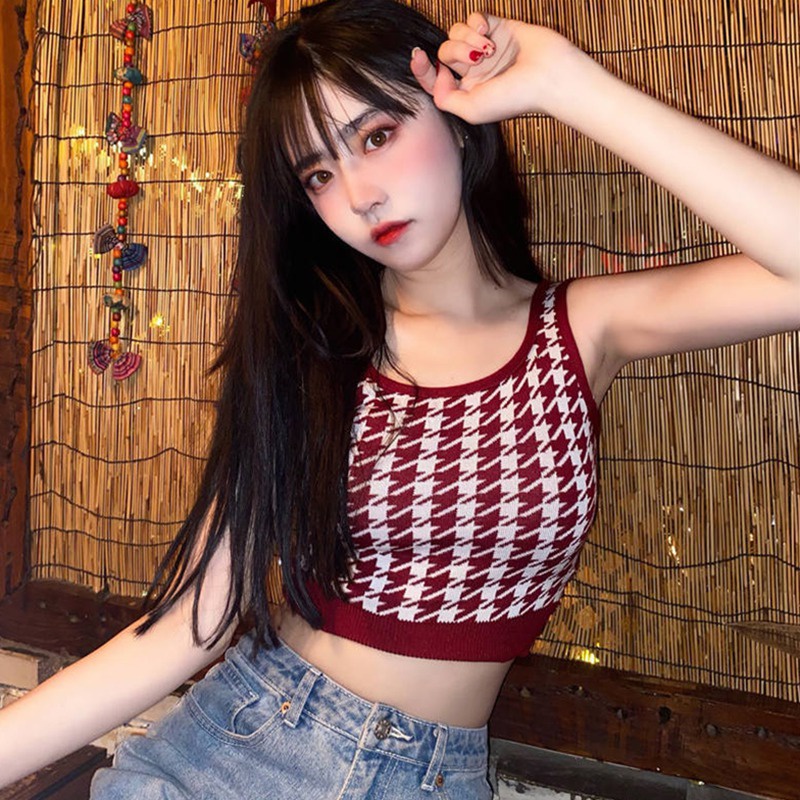 Áo Croptop Dệt Kim Sát Nách Cổ Vuông In Họa Tiết Thời Trang Hàn Quốc Cho Nữ