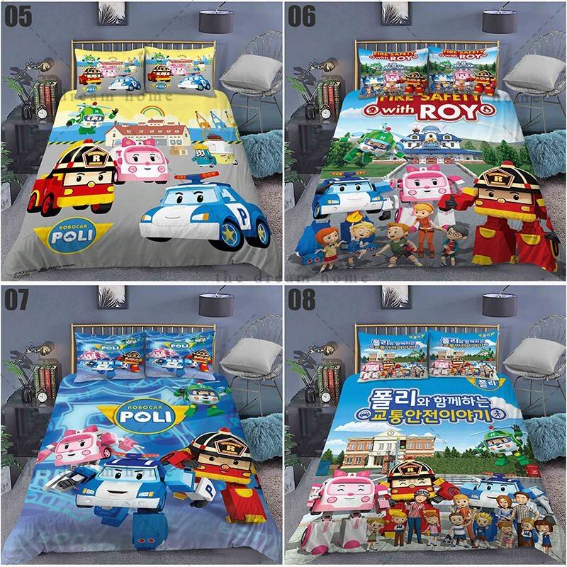 Bộ Chăn Ga Và Vỏ Gối 3 Trong 1 In Hoạt Hình Robocar Poli Dành Cho Giường Ngủ