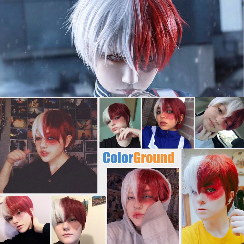 EPOCH Unisex Boku No Hero Academia Cosplay Wig Anime Full Wigs My Hero Academia Wig Synthetic Hair Costume White And Red Todoroki Shoto Heat Resistant Short with Bangs/Multicolor