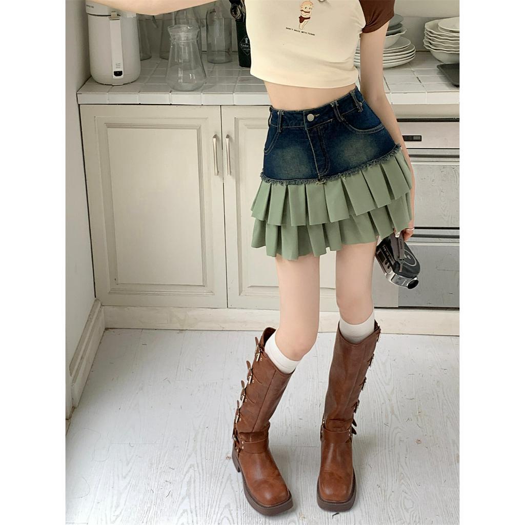 Lalisas Chân váy jean Ngắn Chữ A Lưng Cao Xếp Tầng Phối Họa Tiết Gia Vị retro Cho Nữ