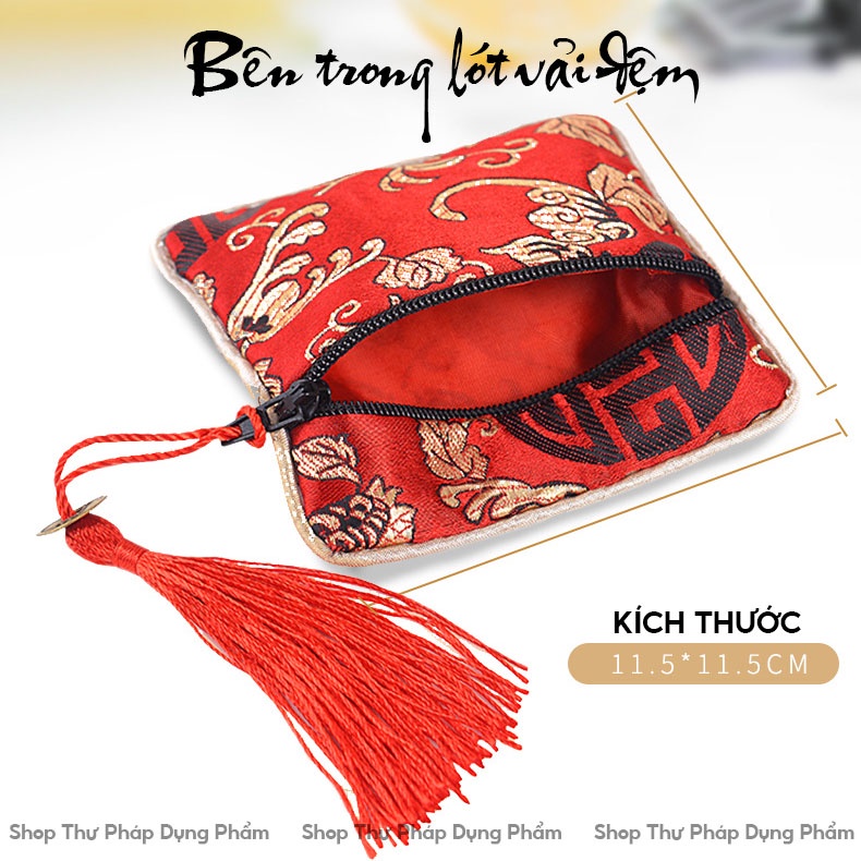Túi gấm túi vải đựng trang sức phong thủy có khóa dây tua rua đồng xu may mắn
