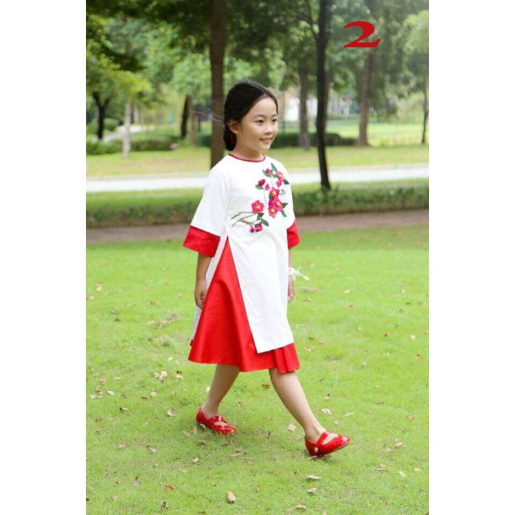 (Set 3) Áo dài thêu hoa kết hợp váy bé gái duyên dáng (Tặng kèm băng đô) (190142)