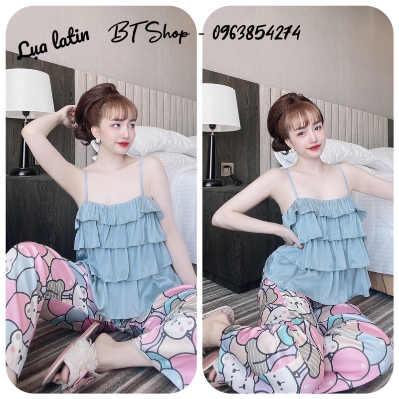 Bộ lụa latin 2 dây bèo tầng quần dài hoạ tiết dễ thương freesize từ 42-57kg