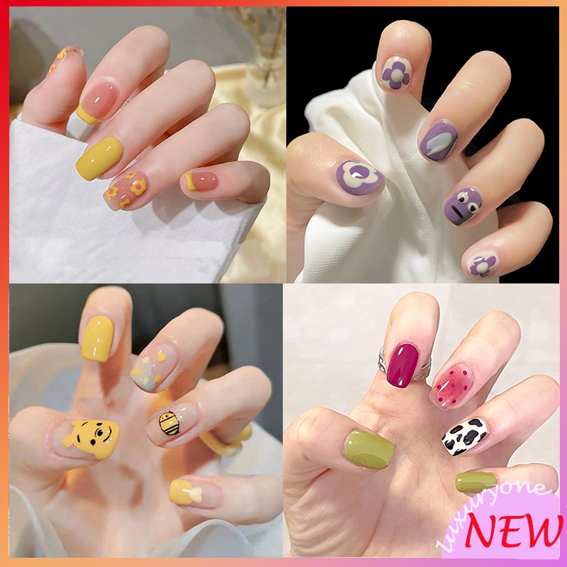 Set 24 móng tay giả họa tiết hình gấu đáng yêu dành cho bạn nữ