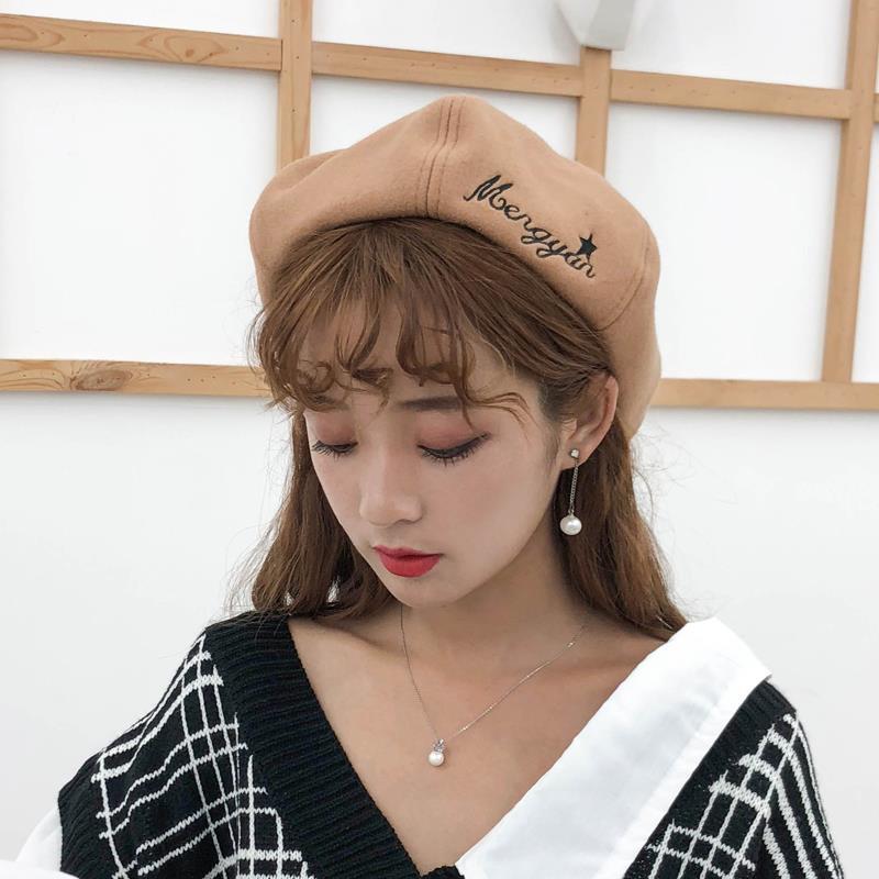 Mũ Len Beret Ladies Woolen Letters Embroidery Korean Retro Pumpkin Hat