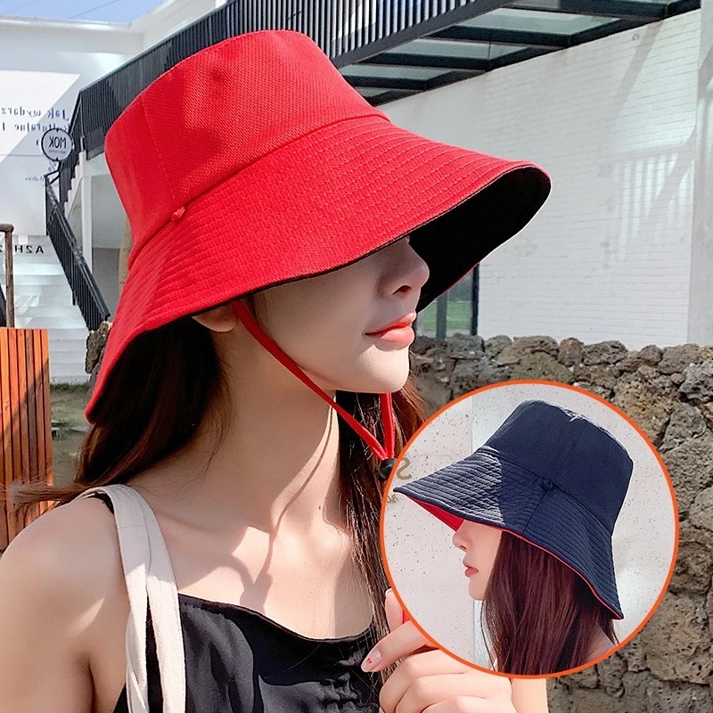 Nón vành rộng hai mặt màu trơn thiết kế đơn giản phong cách Nhật Bản thời trang mùa hè cho nữ