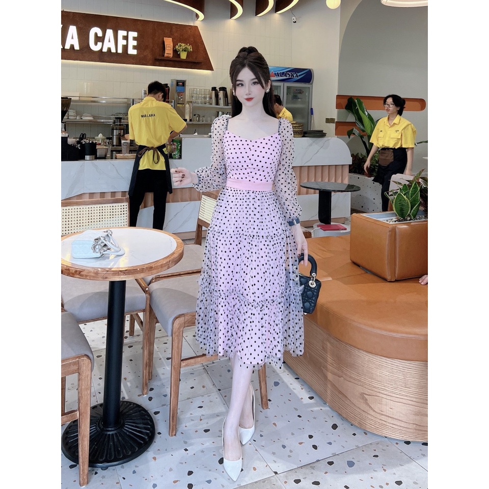 Váy thu đông dáng dài 2 lớp voan chấm bi cao cấp siêu xinh sang chảnh