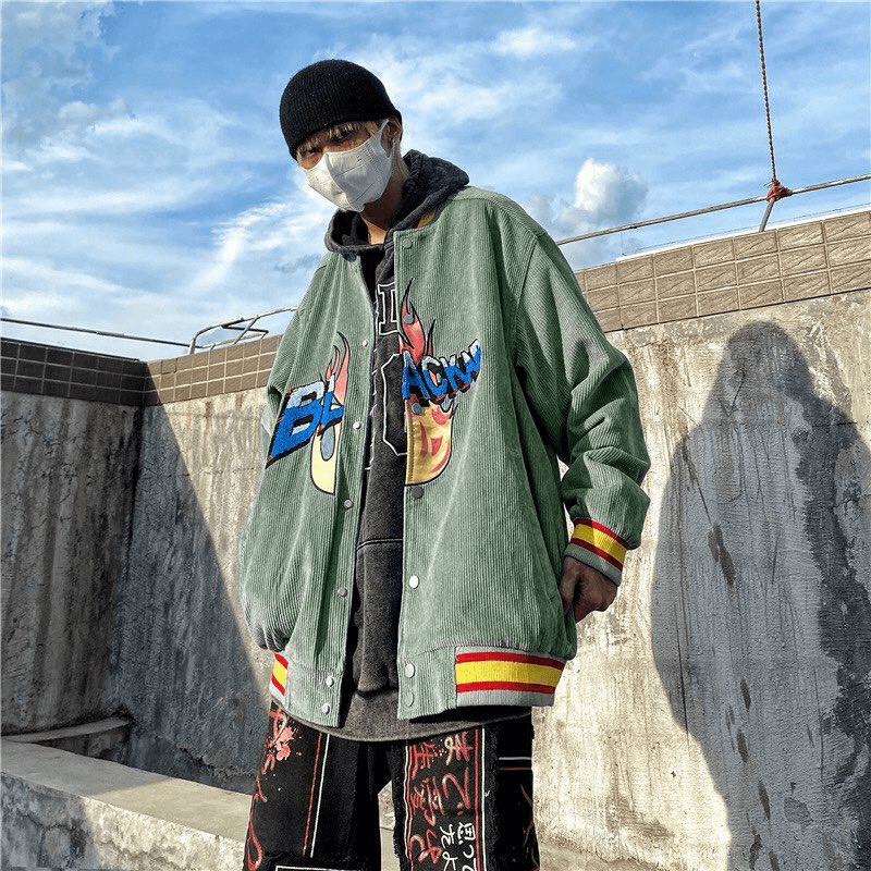 Áo Khoác Nhung Form Rộng Cúc Bấm Phối Ngọn Lửa Kèm Chữ BLACKAR Siêu Cá Tính tp068 [NewUnisex]