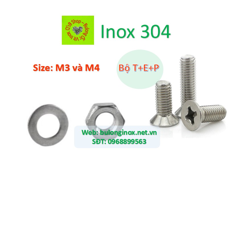 Vít pake đầu bằng inox size M3 và M4 (Bộ TEP) , ốc 4 cạnh đầu  non inox, ốc vặn tua vít đầu bằng thân bulong, inox 304