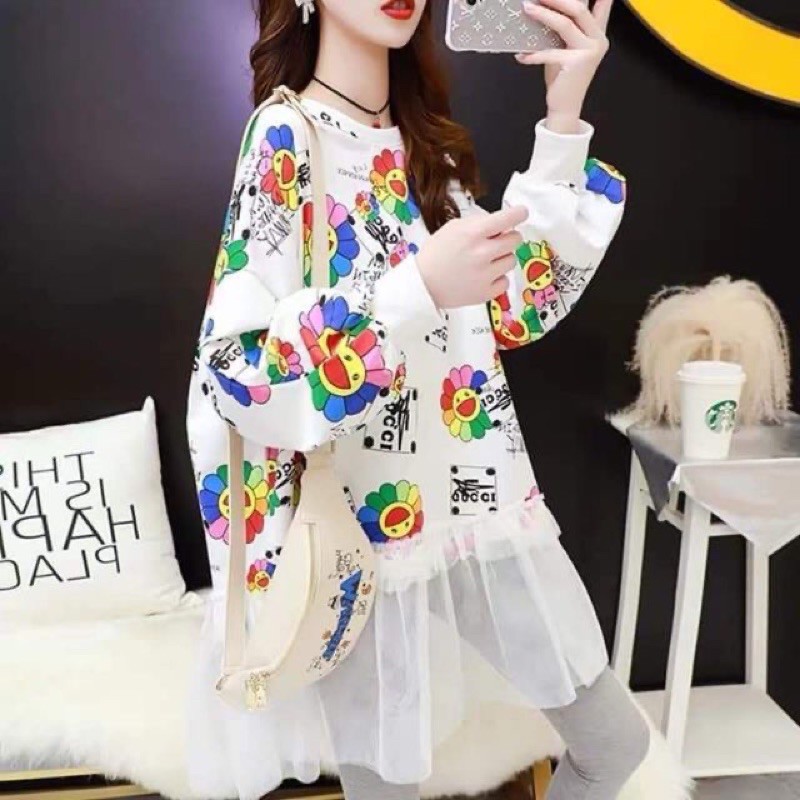 Áo Thun Tay Dài Hoa KaiKaiKiKi Form Rộng Giấu Quần Phối Lưới